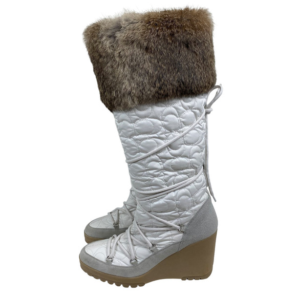 Coach Fur Trimmed White Nylon Wedge Y2K Lace Up Snow Boots - Picture 1 of 4